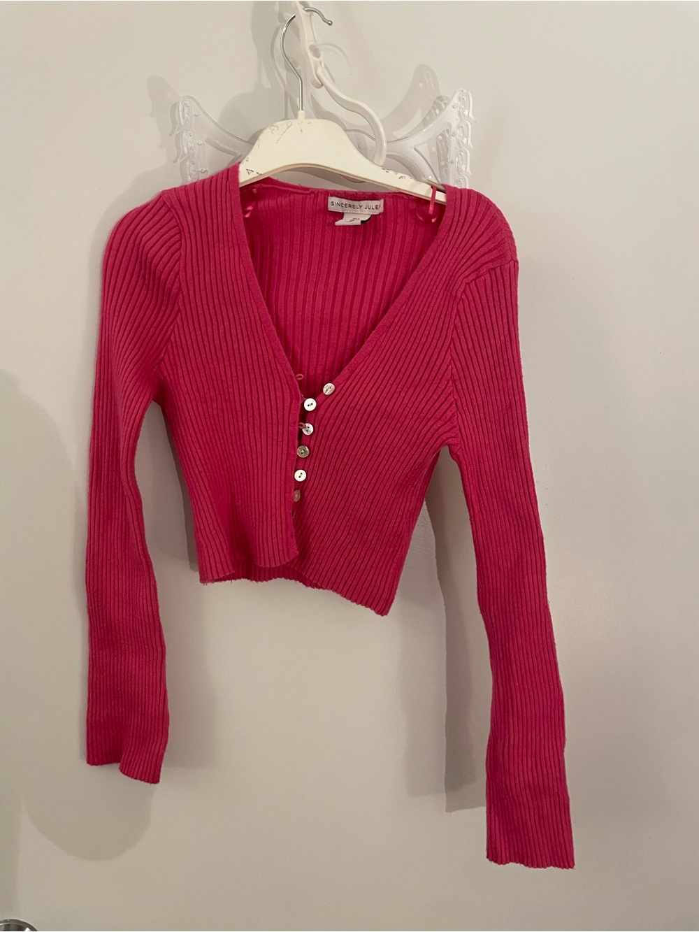 Sincerely Jules Ribbed V-Neck Cropped Cardigan - Hot Pink